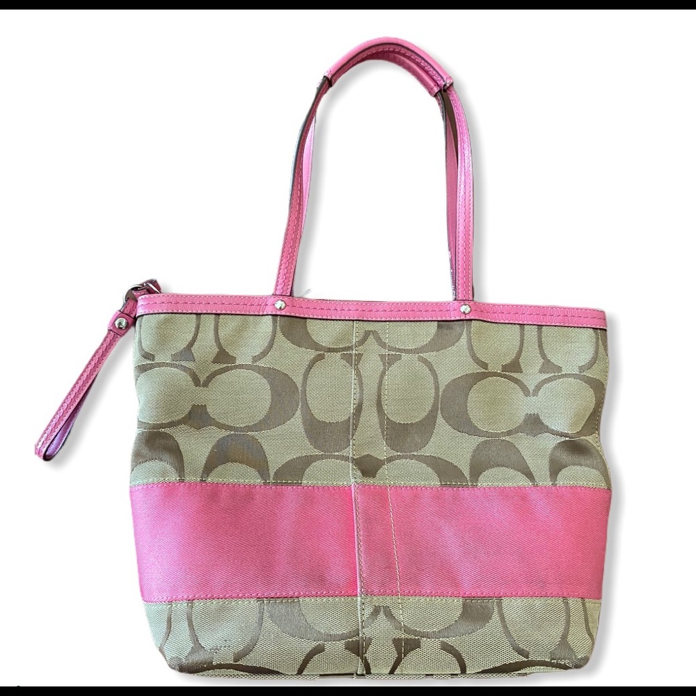 EUC Coach Brown monogram w/pink stripe tote